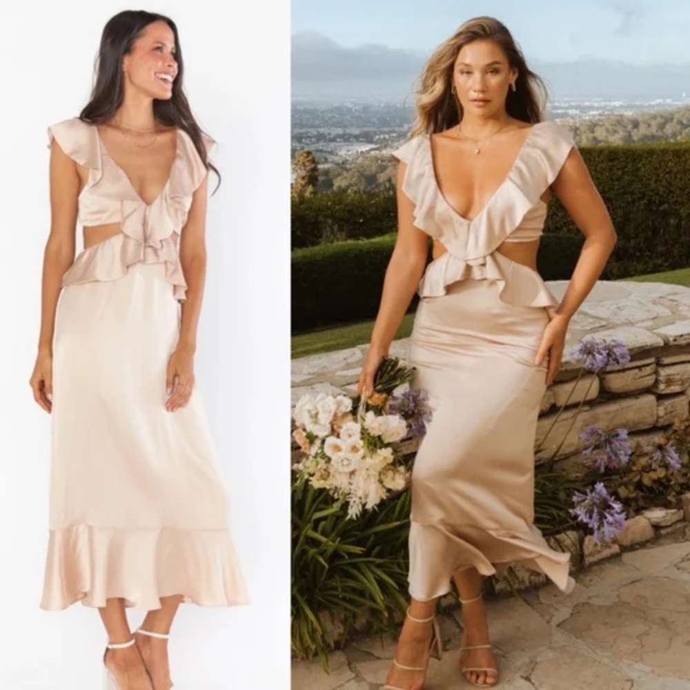 Nwt Show Me Your Mumu Zoey Midi Bridesmaid Dress Ruffle Cutout Open Back Small
